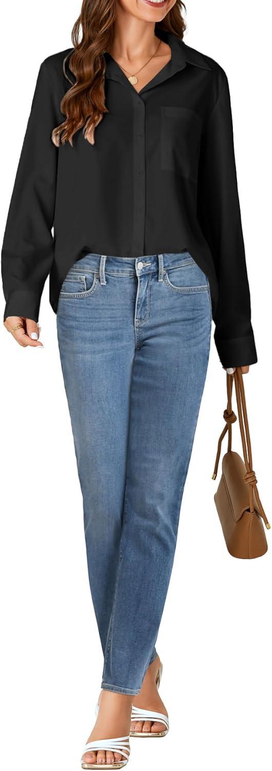 imageLYANER Womens Collar Buttons Down Long Sleeve Work Blouse Shirt Top with PocketBlack