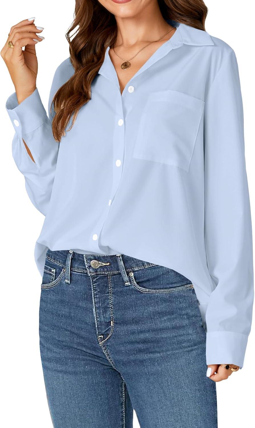 imageLYANER Womens Collar Buttons Down Long Sleeve Work Blouse Shirt Top with PocketLight Blue