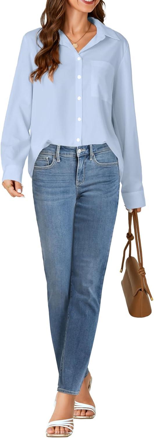 imageLYANER Womens Collar Buttons Down Long Sleeve Work Blouse Shirt Top with PocketLight Blue