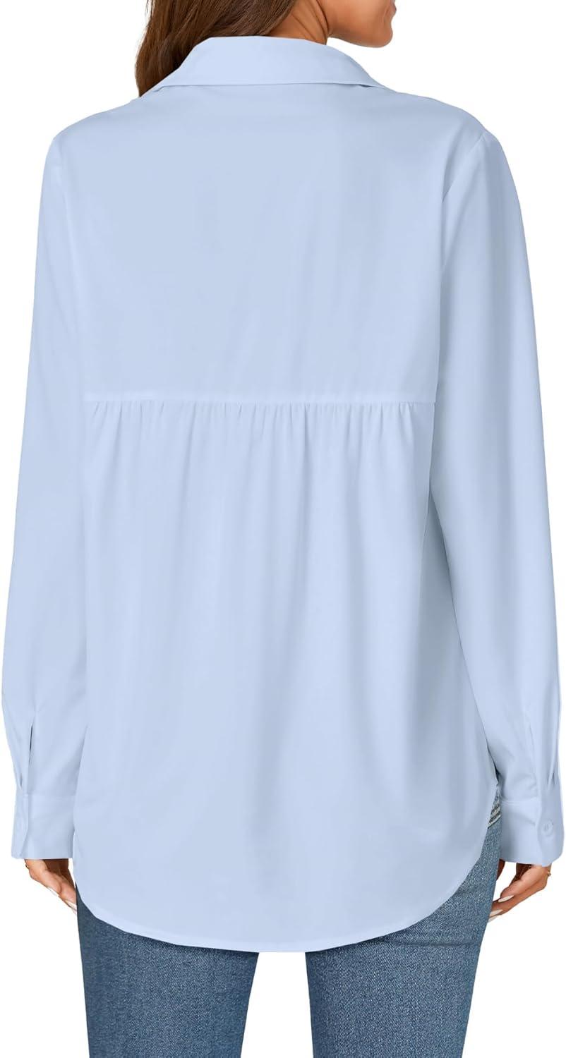 imageLYANER Womens Collar Buttons Down Long Sleeve Work Blouse Shirt Top with PocketLight Blue