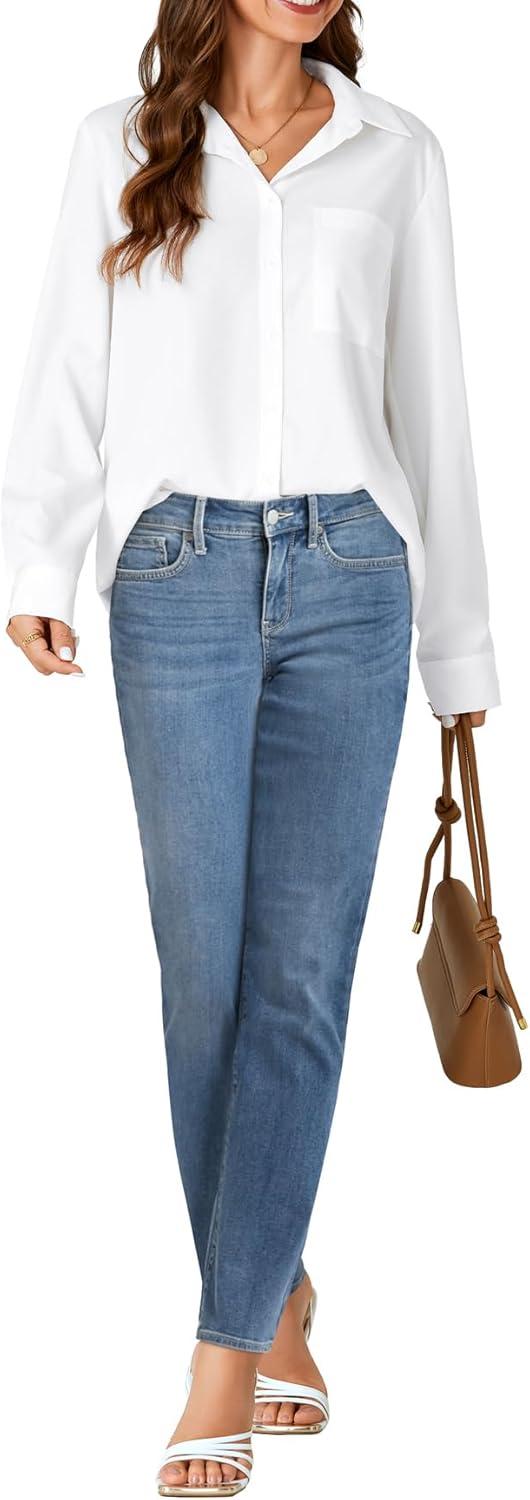 imageLYANER Womens Collar Buttons Down Long Sleeve Work Blouse Shirt Top with PocketWhite