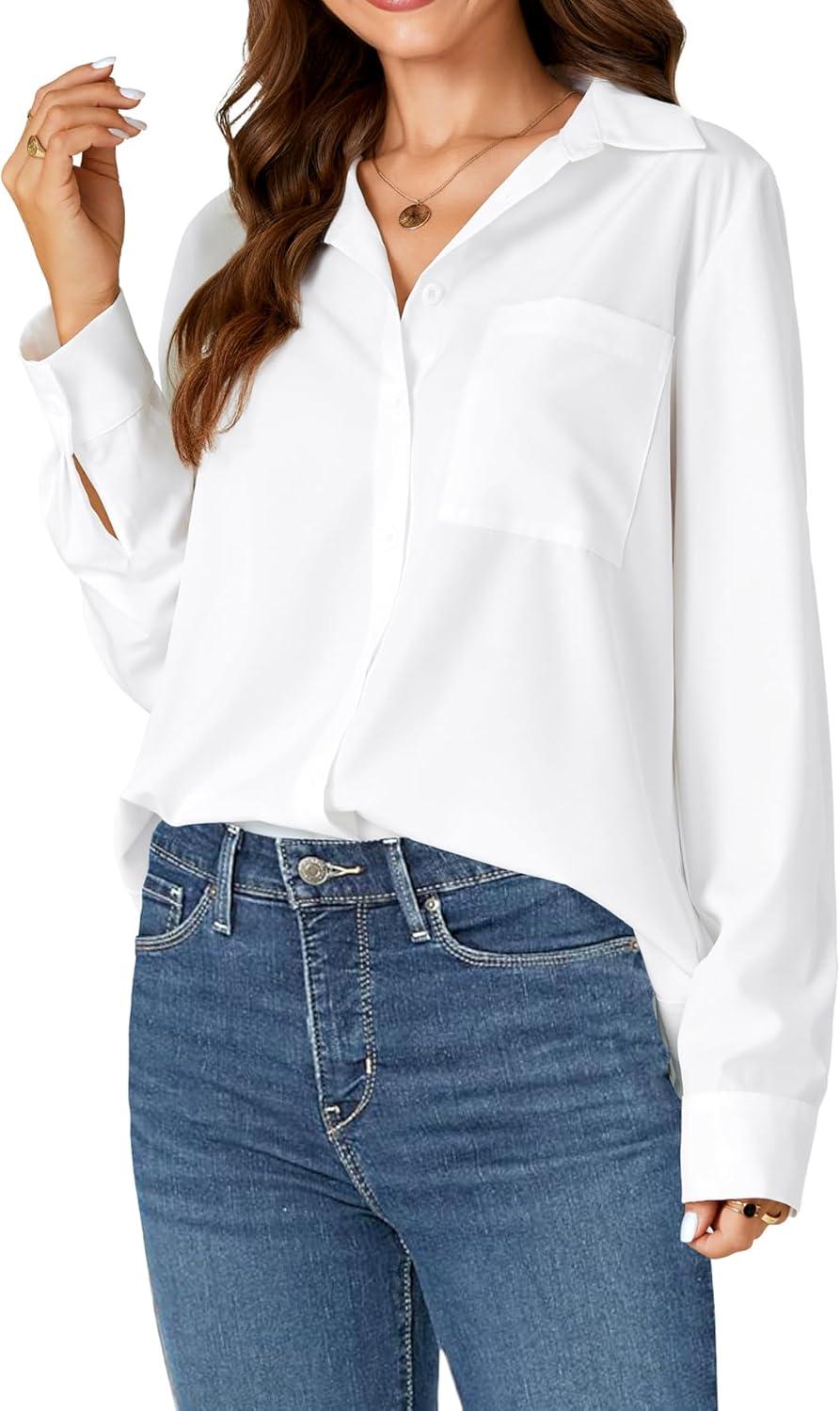 imageLYANER Womens Collar Buttons Down Long Sleeve Work Blouse Shirt Top with PocketWhite