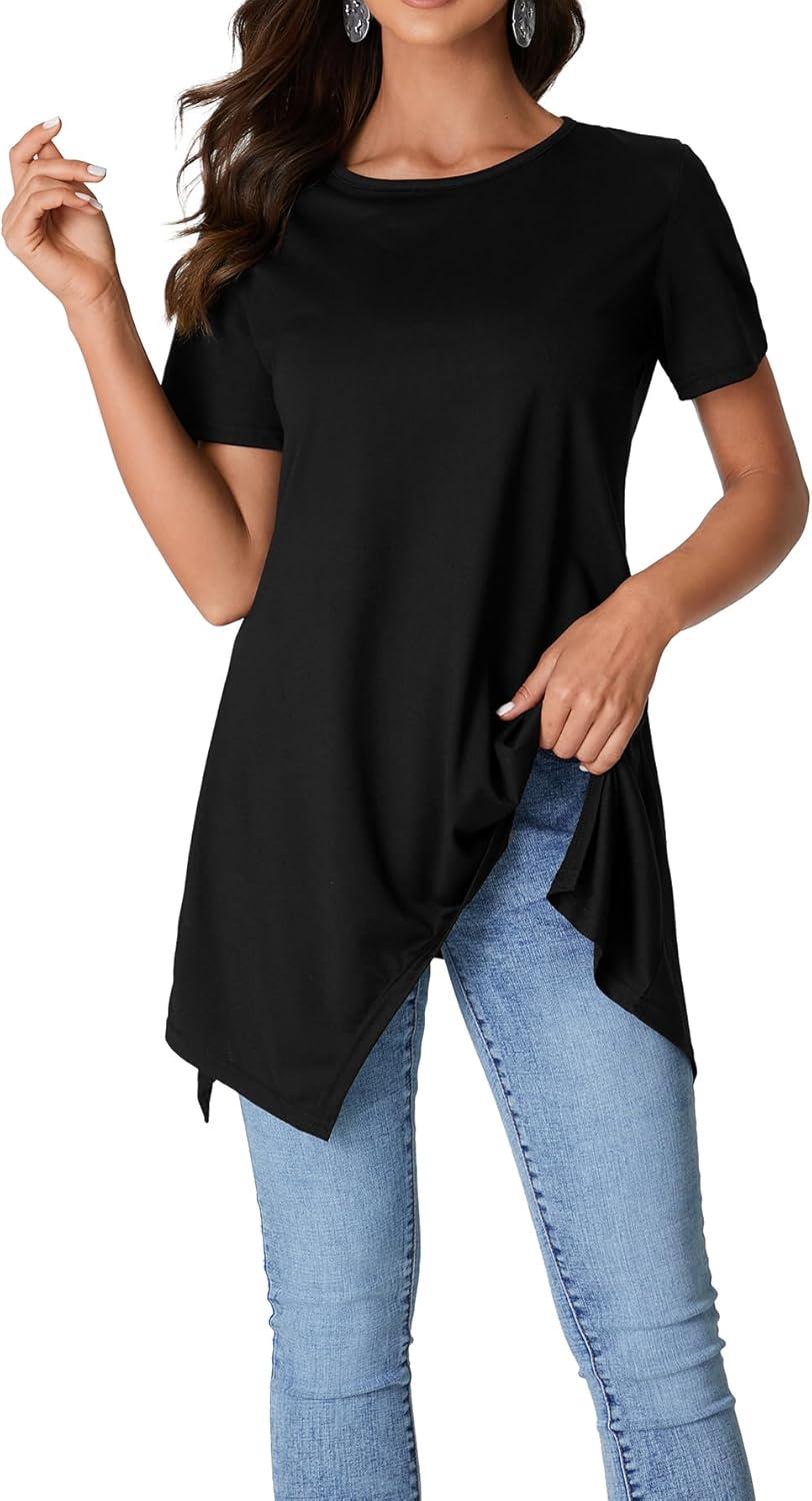 imageLYANER Womens Crewneck Short Sleeve Tunic Top Loose Flowy Irregular Hem BlouseBlack