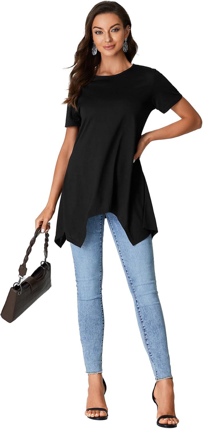 imageLYANER Womens Crewneck Short Sleeve Tunic Top Loose Flowy Irregular Hem BlouseBlack