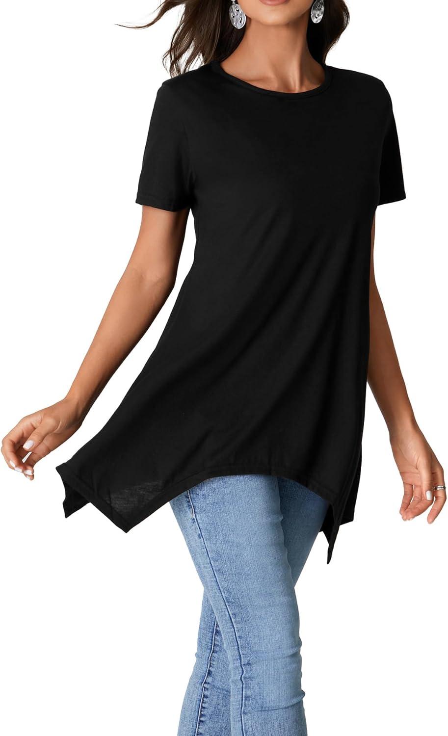 imageLYANER Womens Crewneck Short Sleeve Tunic Top Loose Flowy Irregular Hem BlouseBlack