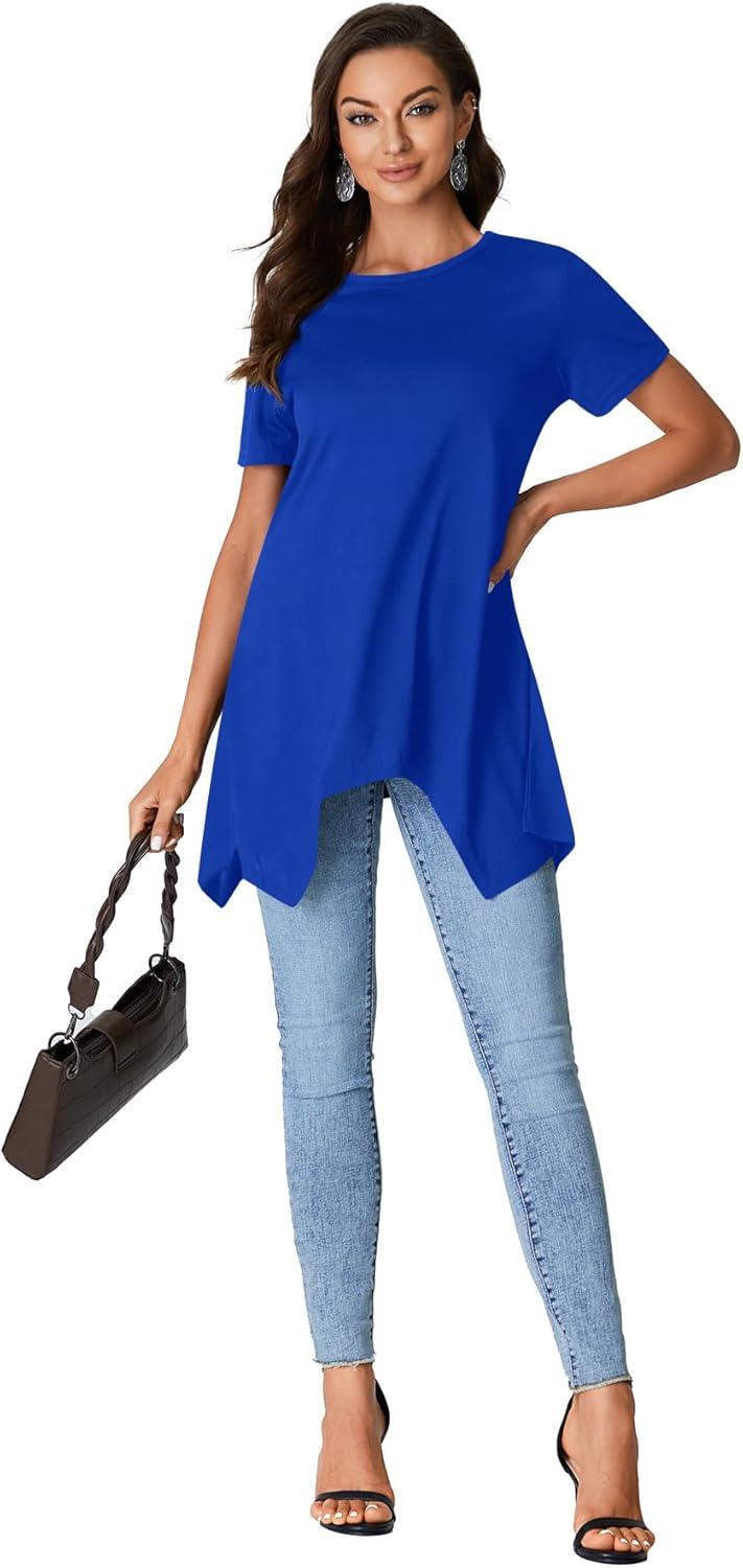 imageLYANER Womens Crewneck Short Sleeve Tunic Top Loose Flowy Irregular Hem BlouseBlue