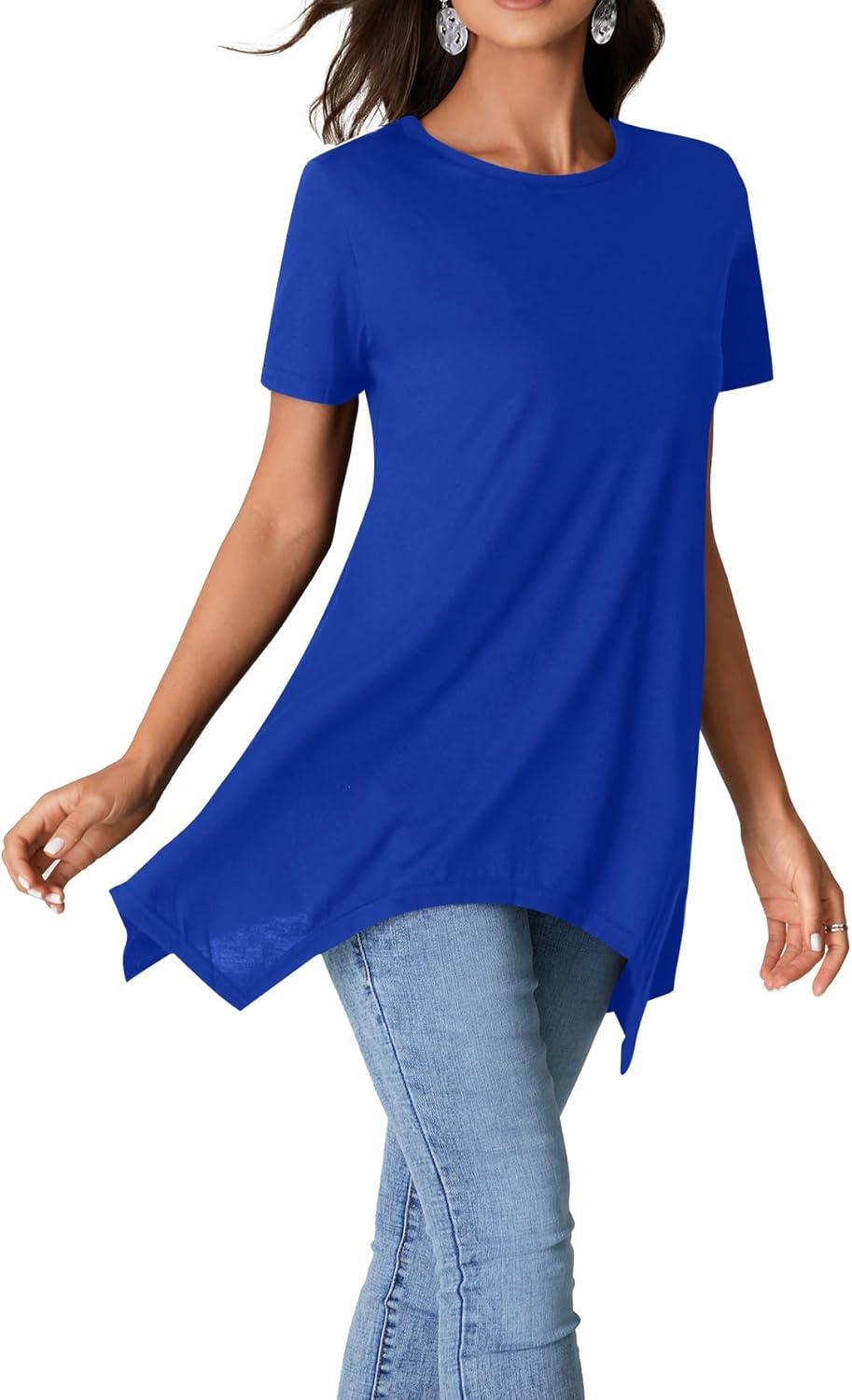imageLYANER Womens Crewneck Short Sleeve Tunic Top Loose Flowy Irregular Hem BlouseBlue