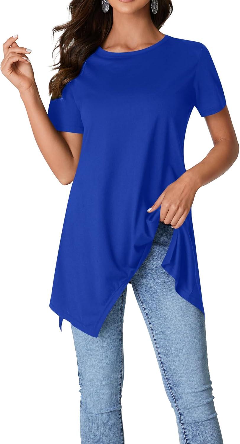 imageLYANER Womens Crewneck Short Sleeve Tunic Top Loose Flowy Irregular Hem BlouseBlue