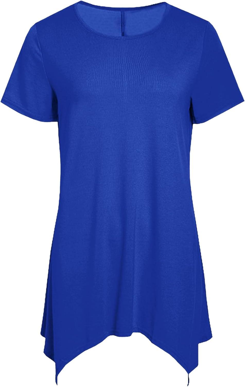 imageLYANER Womens Crewneck Short Sleeve Tunic Top Loose Flowy Irregular Hem BlouseBlue