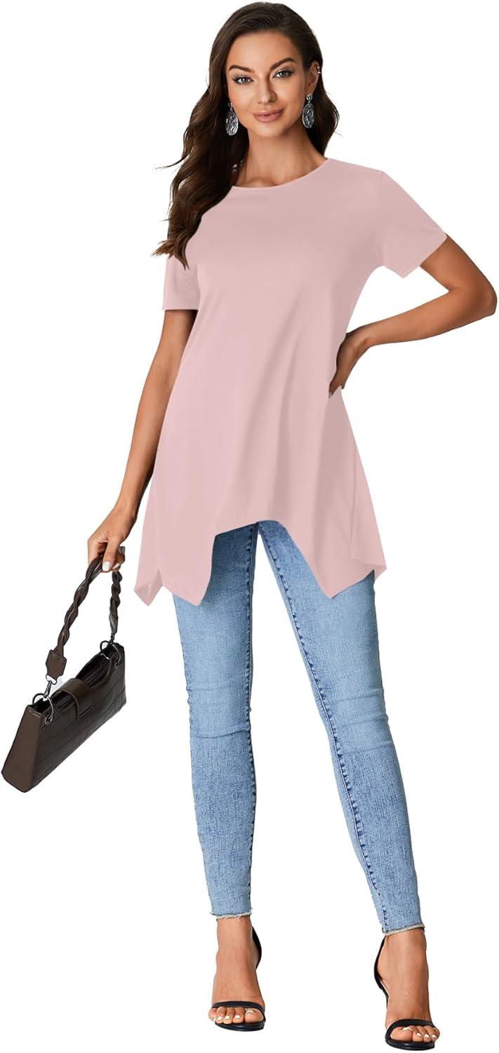 imageLYANER Womens Crewneck Short Sleeve Tunic Top Loose Flowy Irregular Hem BlouseDust Pink
