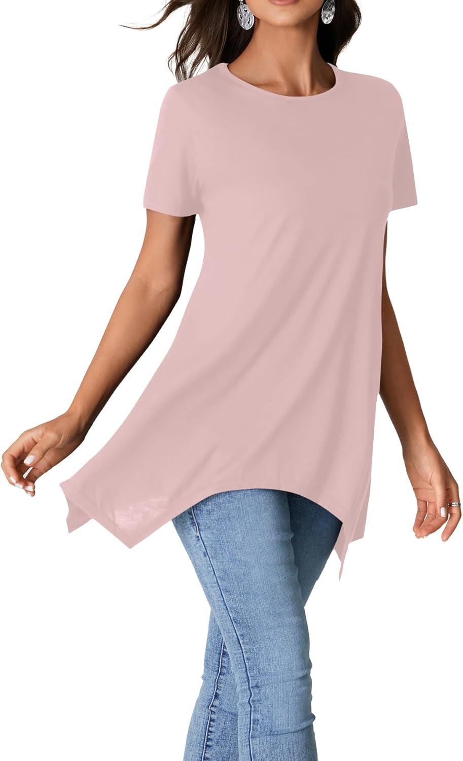 imageLYANER Womens Crewneck Short Sleeve Tunic Top Loose Flowy Irregular Hem BlouseDust Pink
