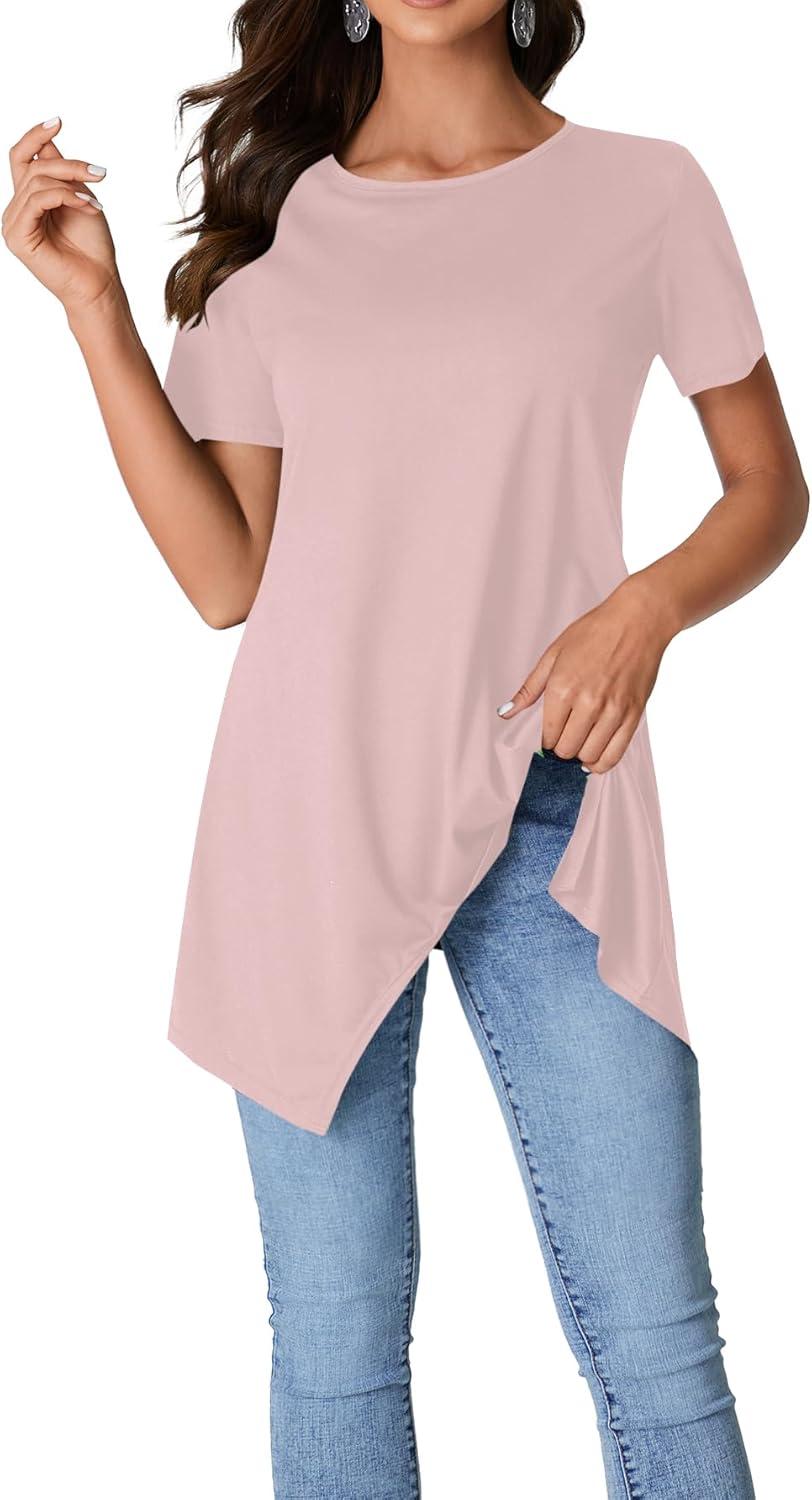 imageLYANER Womens Crewneck Short Sleeve Tunic Top Loose Flowy Irregular Hem BlouseDust Pink