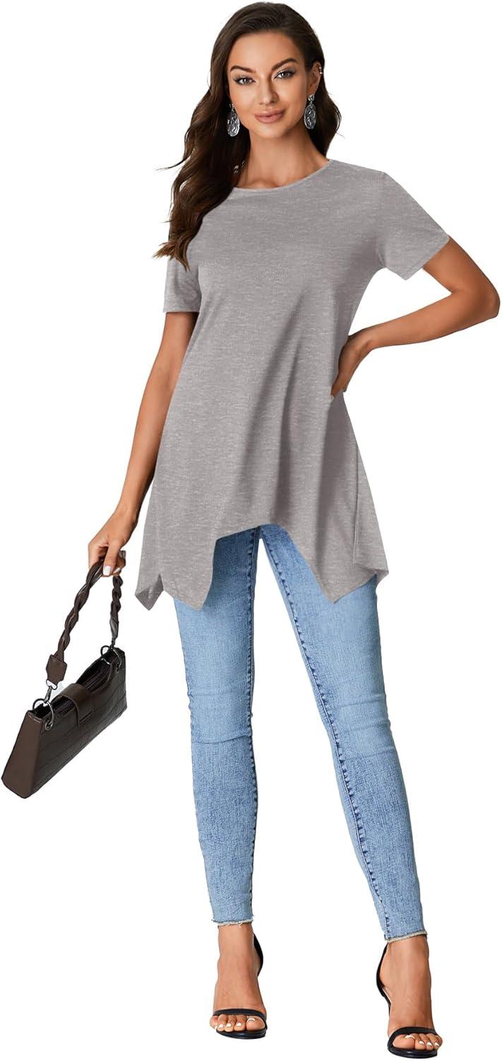 imageLYANER Womens Crewneck Short Sleeve Tunic Top Loose Flowy Irregular Hem BlouseGray