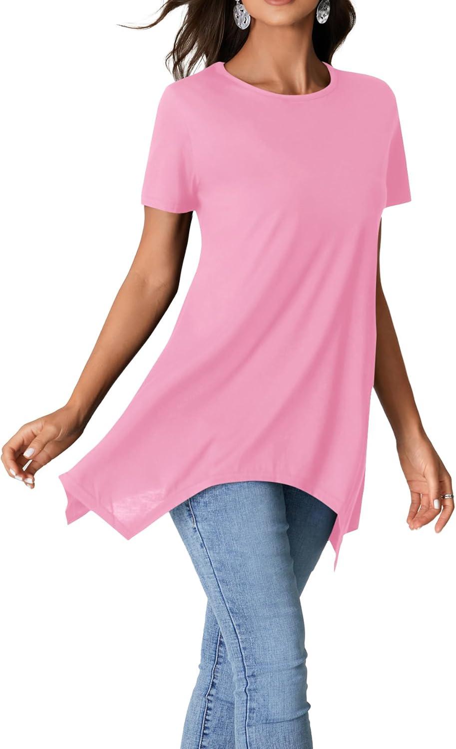 imageLYANER Womens Crewneck Short Sleeve Tunic Top Loose Flowy Irregular Hem BlousePink