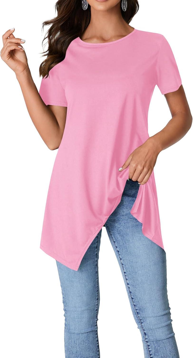 imageLYANER Womens Crewneck Short Sleeve Tunic Top Loose Flowy Irregular Hem BlousePink