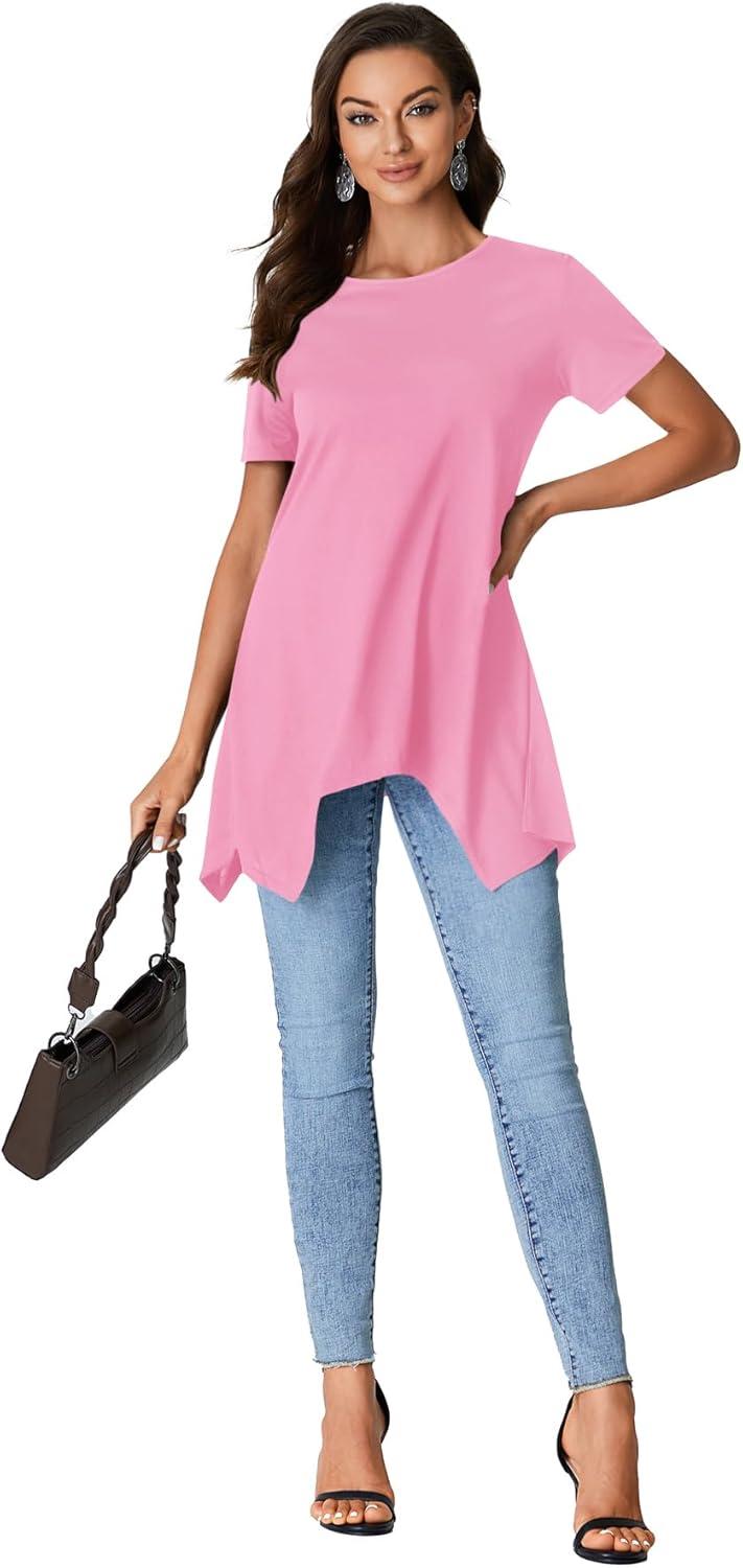 imageLYANER Womens Crewneck Short Sleeve Tunic Top Loose Flowy Irregular Hem BlousePink