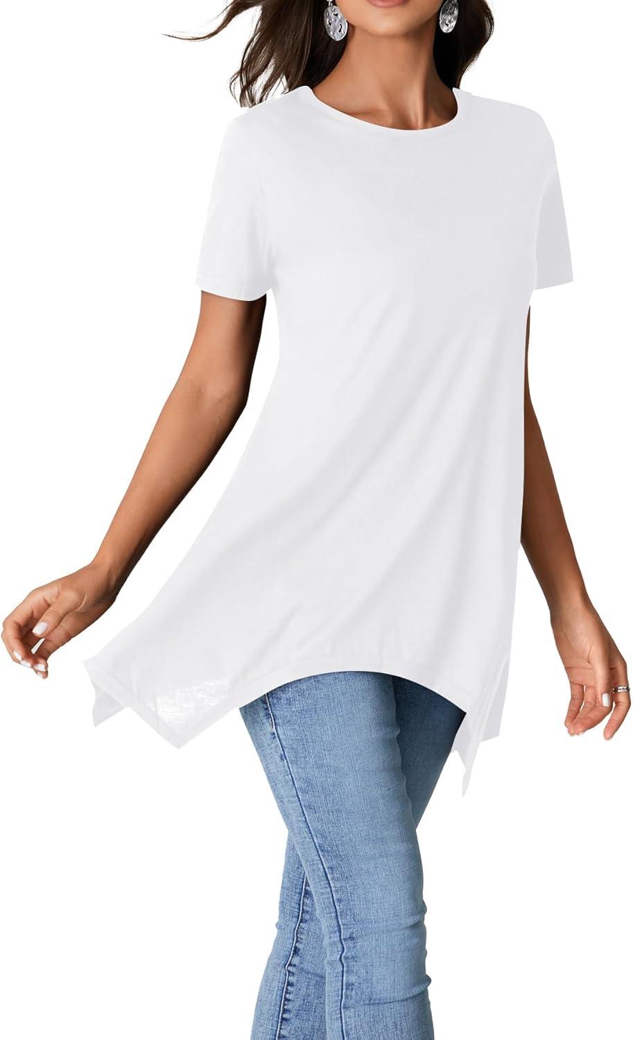 imageLYANER Womens Crewneck Short Sleeve Tunic Top Loose Flowy Irregular Hem BlouseWhite