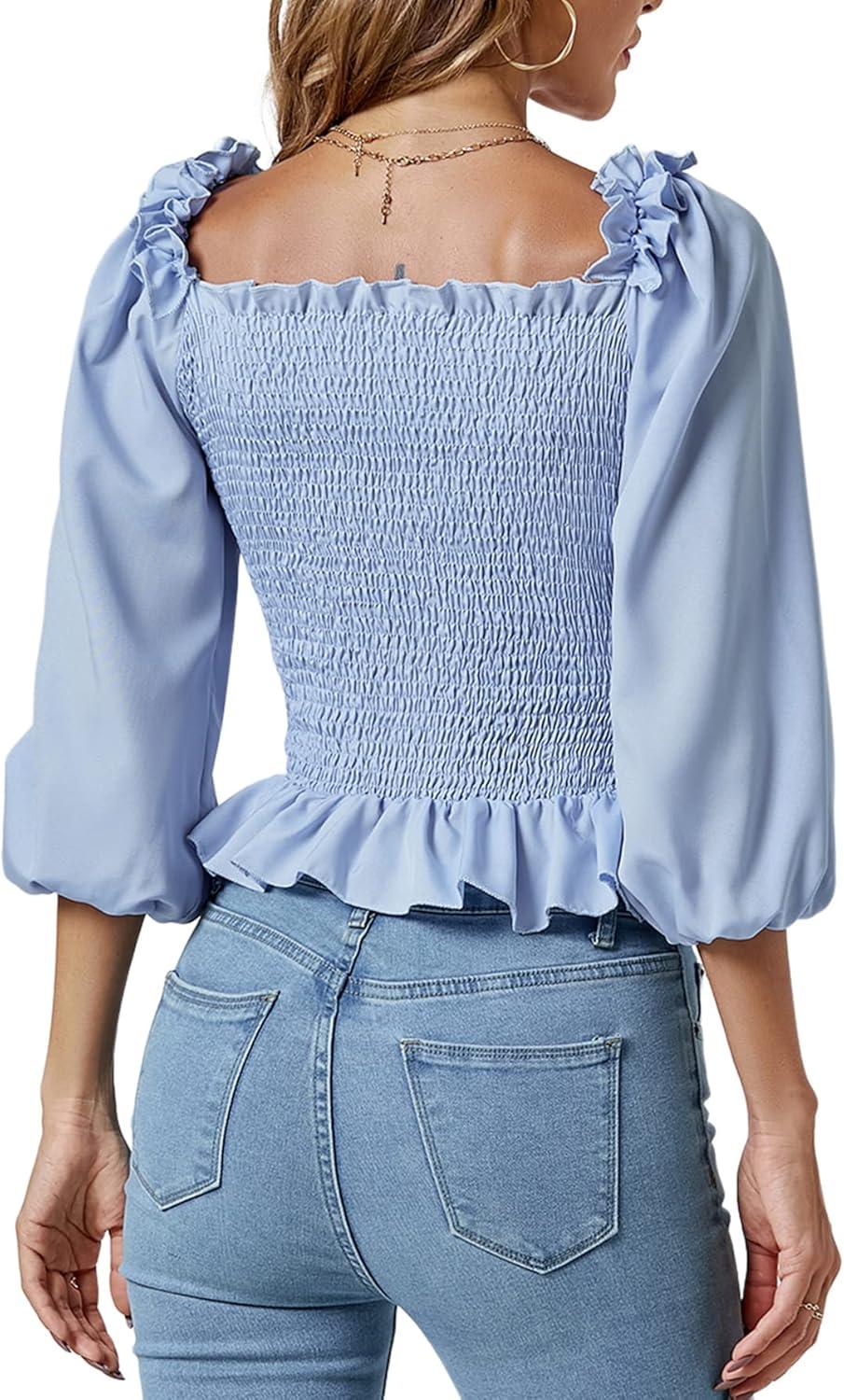 imageLYANER Womens Frill Square Neck Ruffle Trim Shirred 34 Puff Long Sleeve Pleated Blouse Crop TopBlue