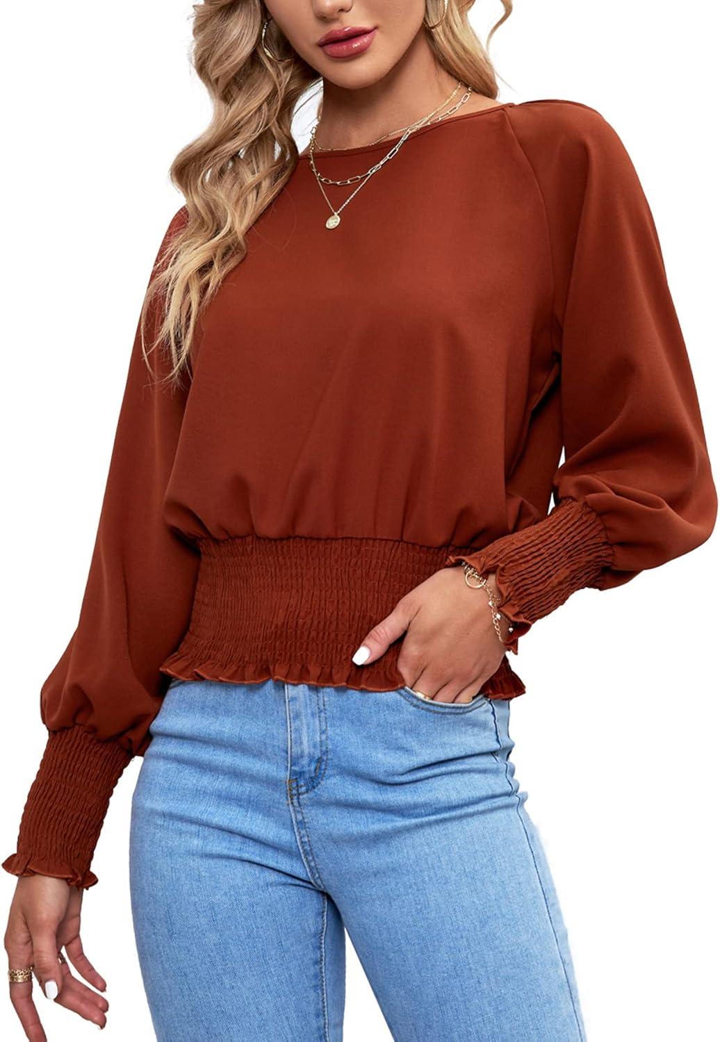 imageLYANER Womens Round Neck Frill Shirred Lantern Long Sleeve Blouse Office Shirt TopBrick Red