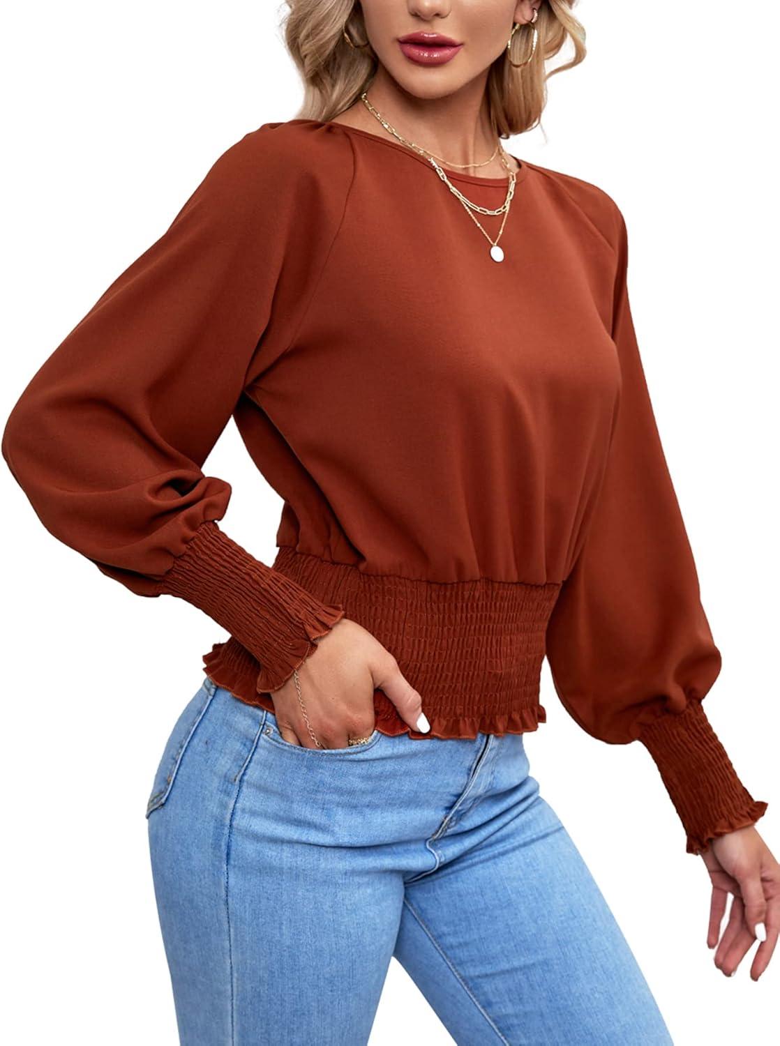 imageLYANER Womens Round Neck Frill Shirred Lantern Long Sleeve Blouse Office Shirt TopBrick Red