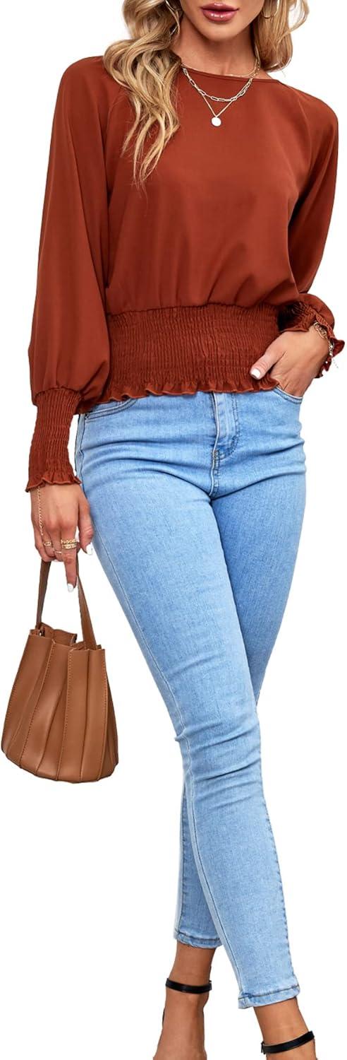 imageLYANER Womens Round Neck Frill Shirred Lantern Long Sleeve Blouse Office Shirt TopBrick Red