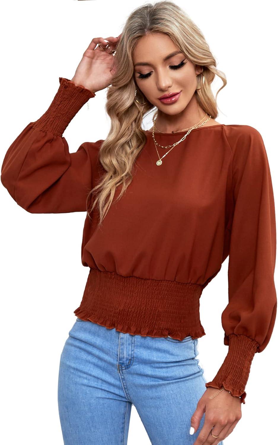 imageLYANER Womens Round Neck Frill Shirred Lantern Long Sleeve Blouse Office Shirt TopBrick Red