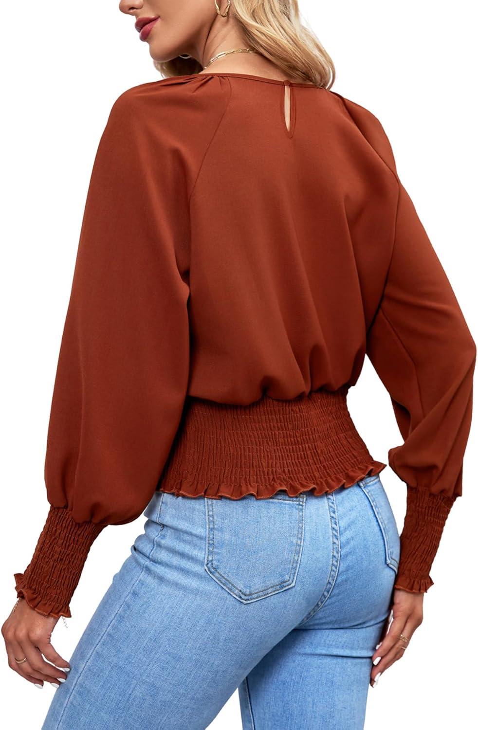 imageLYANER Womens Round Neck Frill Shirred Lantern Long Sleeve Blouse Office Shirt TopBrick Red