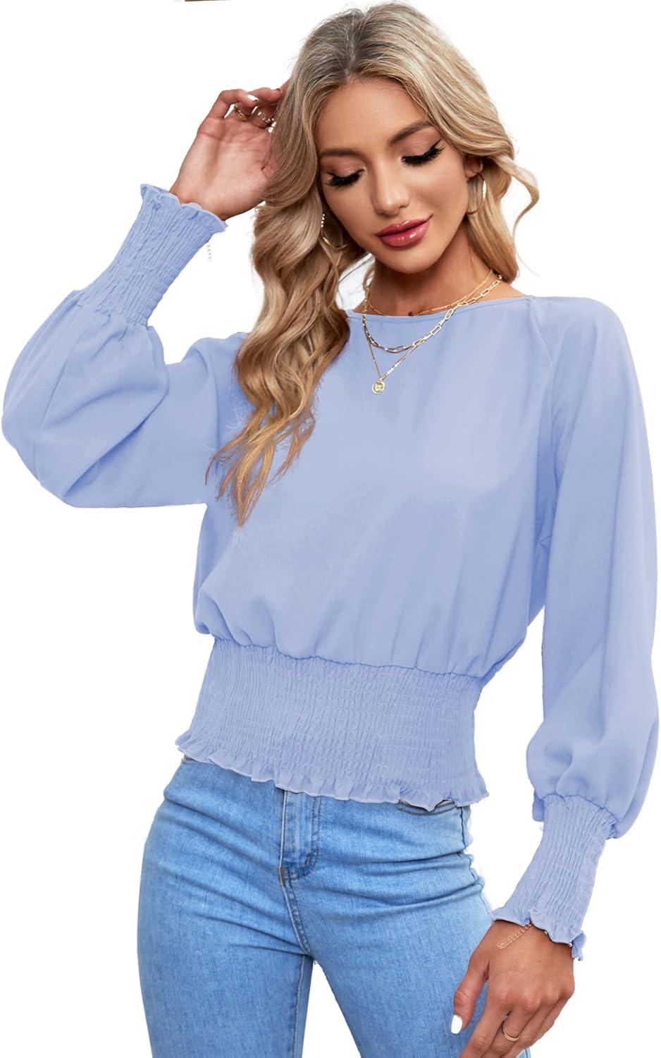 imageLYANER Womens Round Neck Frill Shirred Lantern Long Sleeve Blouse Office Shirt TopLight Blue
