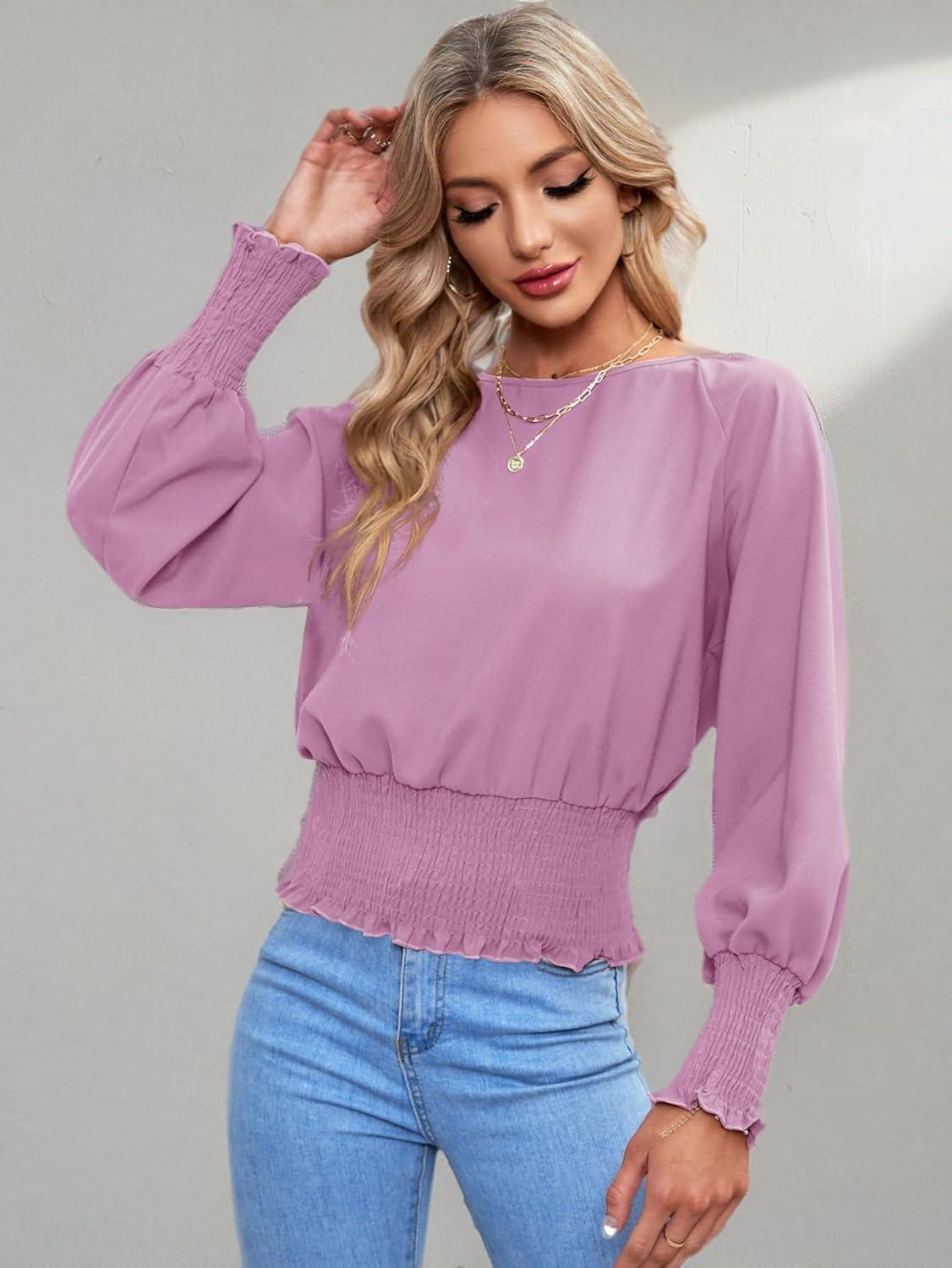 imageLYANER Womens Round Neck Frill Shirred Lantern Long Sleeve Blouse Office Shirt TopLight Purple