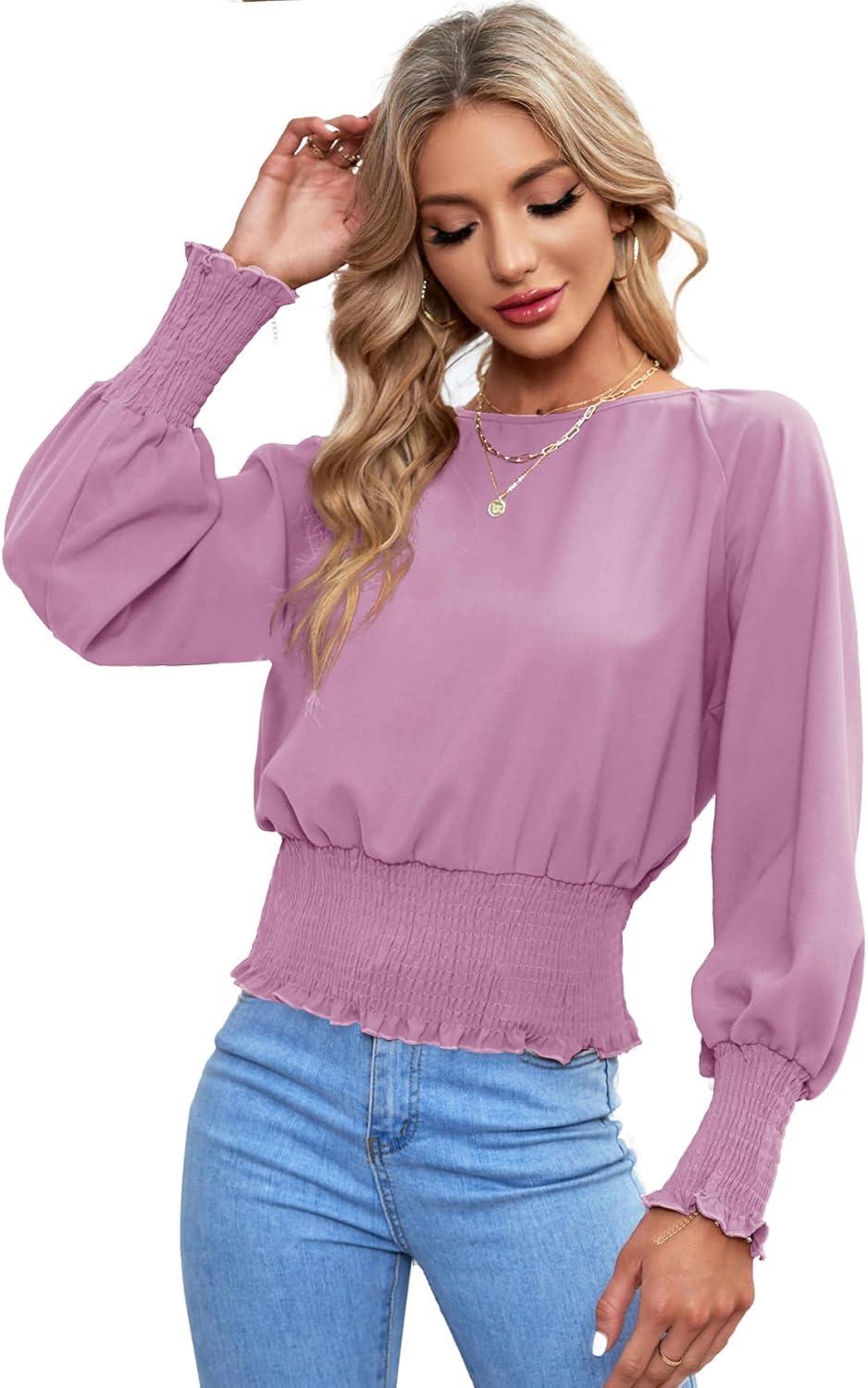 imageLYANER Womens Round Neck Frill Shirred Lantern Long Sleeve Blouse Office Shirt TopLight Purple