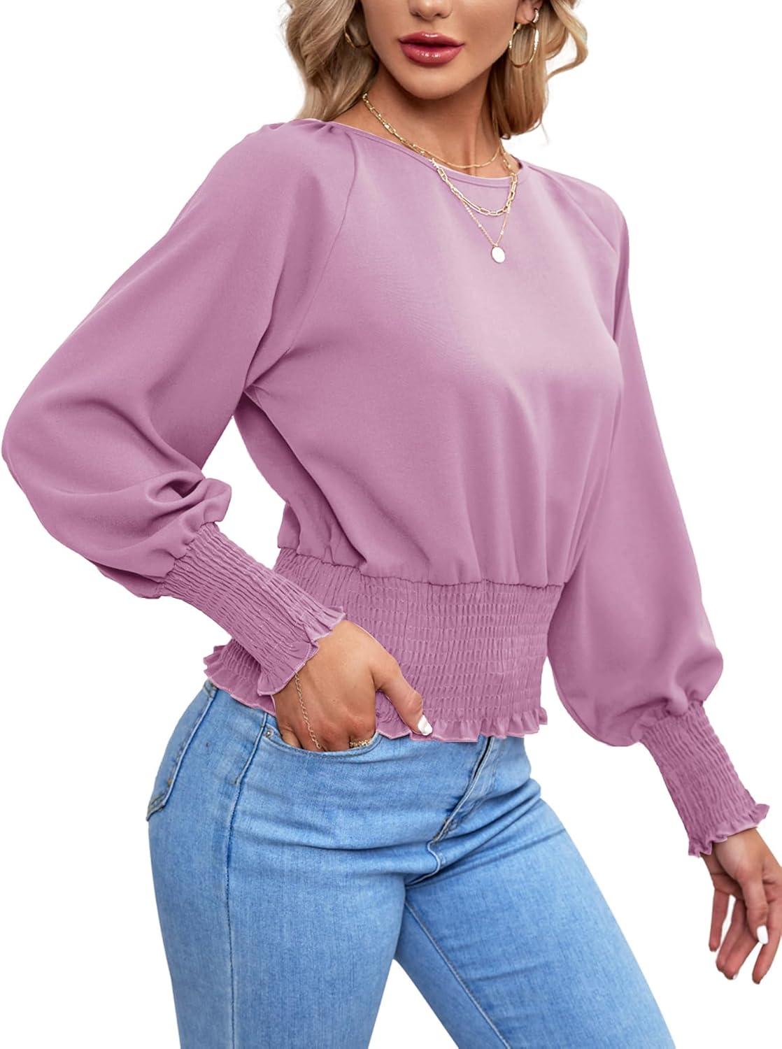 imageLYANER Womens Round Neck Frill Shirred Lantern Long Sleeve Blouse Office Shirt TopLight Purple