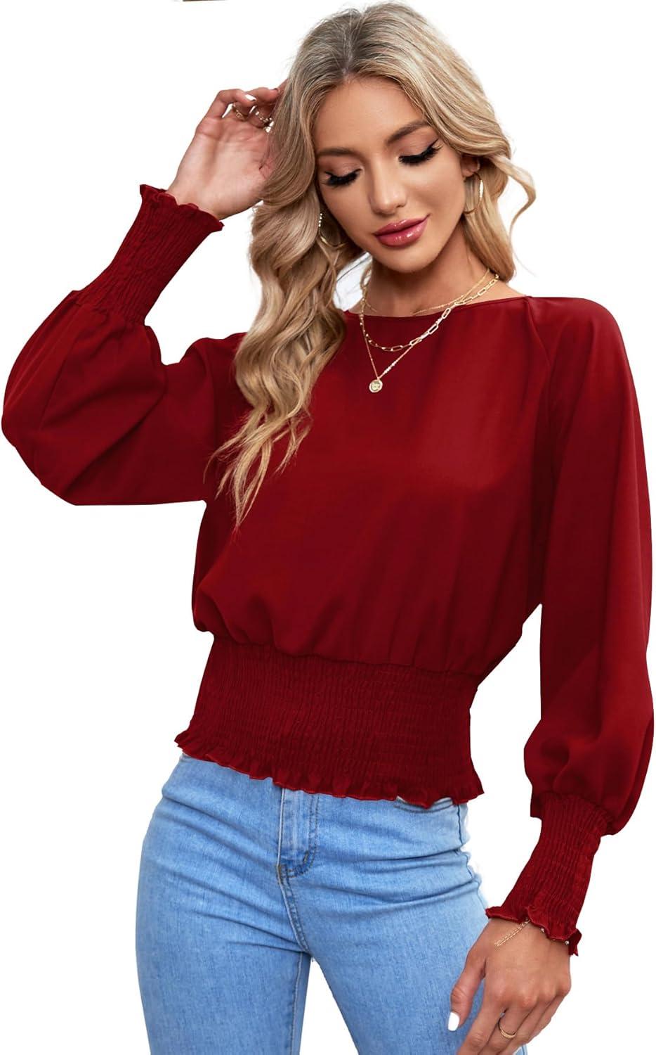 imageLYANER Womens Round Neck Frill Shirred Lantern Long Sleeve Blouse Office Shirt TopRed