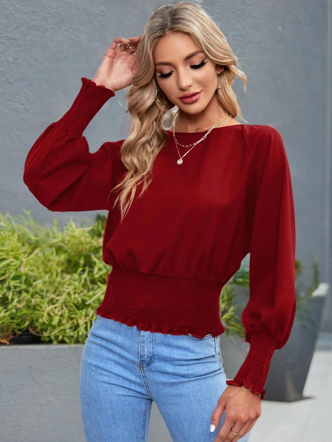 imageLYANER Womens Round Neck Frill Shirred Lantern Long Sleeve Blouse Office Shirt TopRed