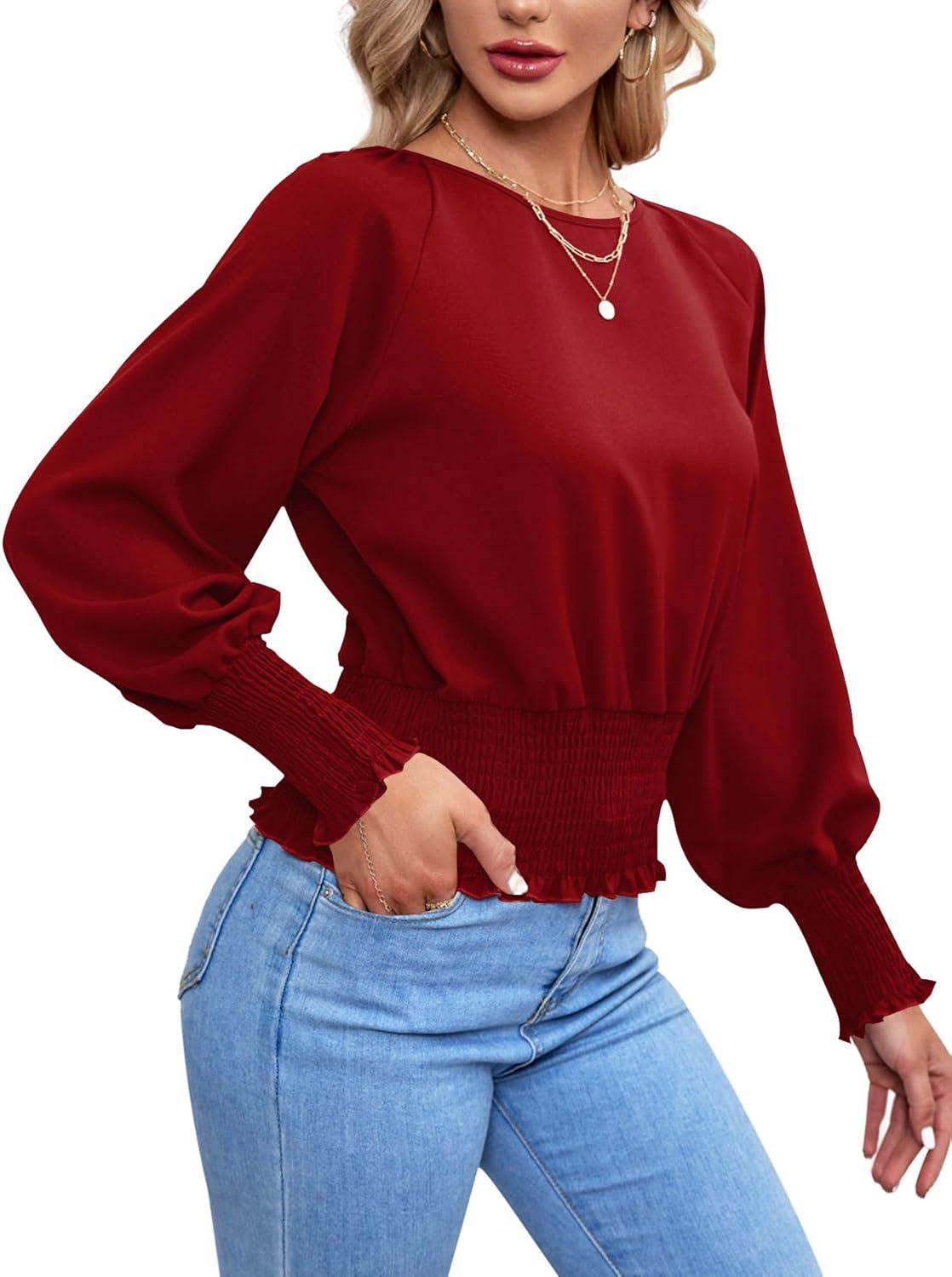imageLYANER Womens Round Neck Frill Shirred Lantern Long Sleeve Blouse Office Shirt TopRed