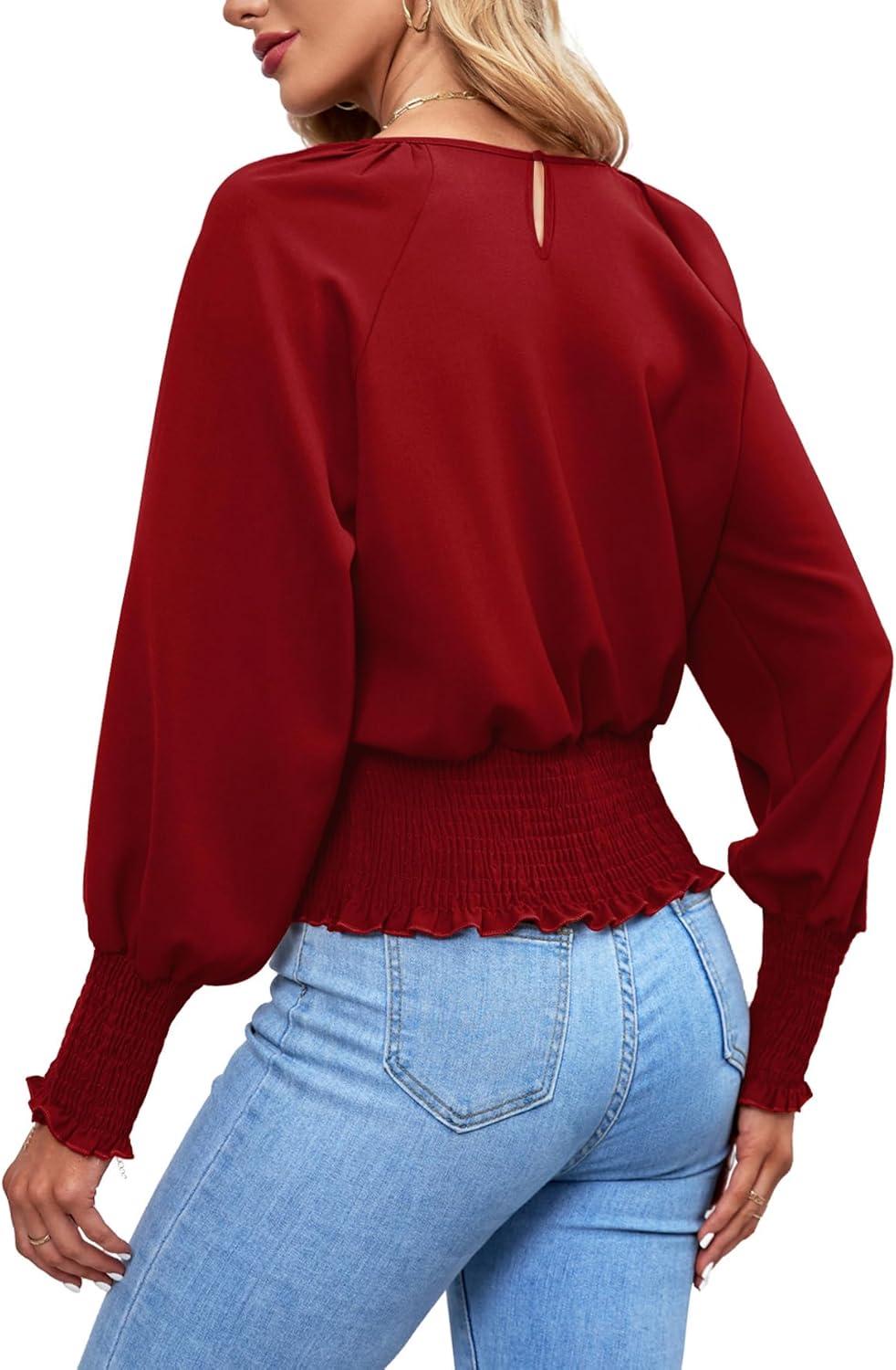 imageLYANER Womens Round Neck Frill Shirred Lantern Long Sleeve Blouse Office Shirt TopRed