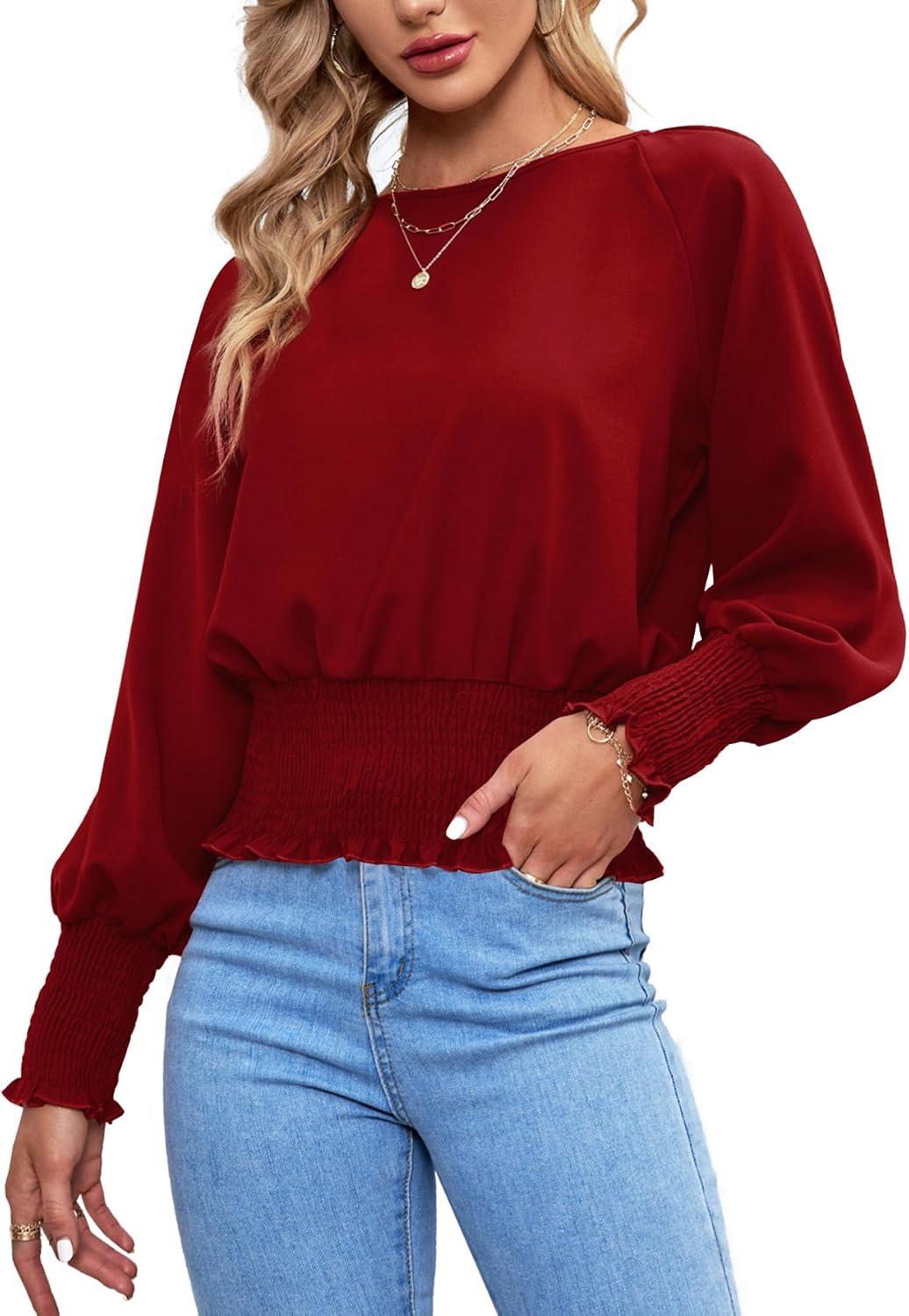 imageLYANER Womens Round Neck Frill Shirred Lantern Long Sleeve Blouse Office Shirt TopRed