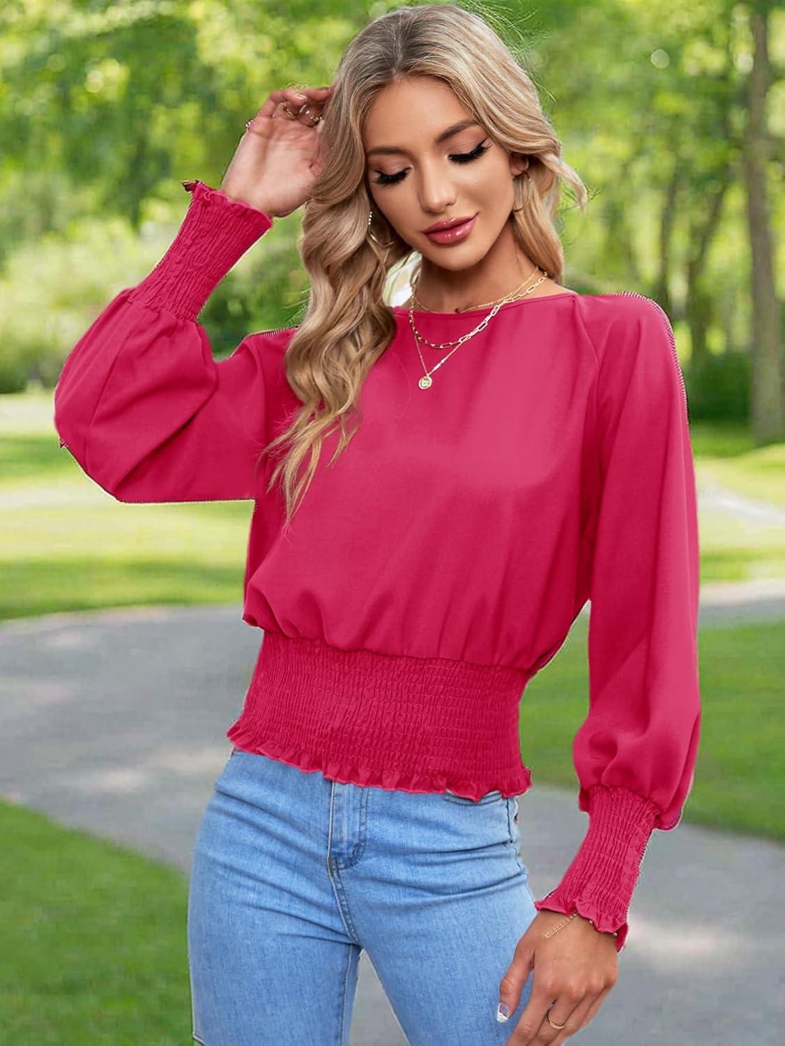 imageLYANER Womens Round Neck Frill Shirred Lantern Long Sleeve Blouse Office Shirt TopRose