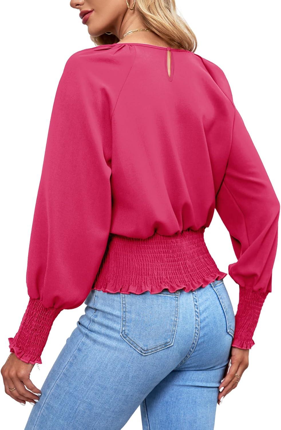 imageLYANER Womens Round Neck Frill Shirred Lantern Long Sleeve Blouse Office Shirt TopRose