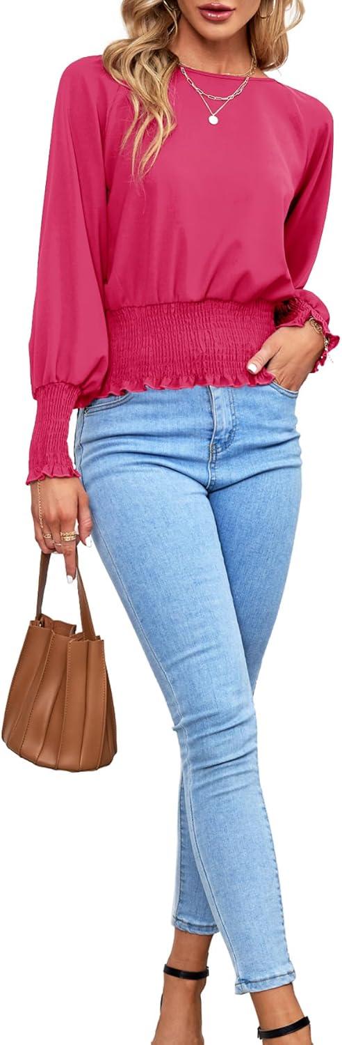 imageLYANER Womens Round Neck Frill Shirred Lantern Long Sleeve Blouse Office Shirt TopRose