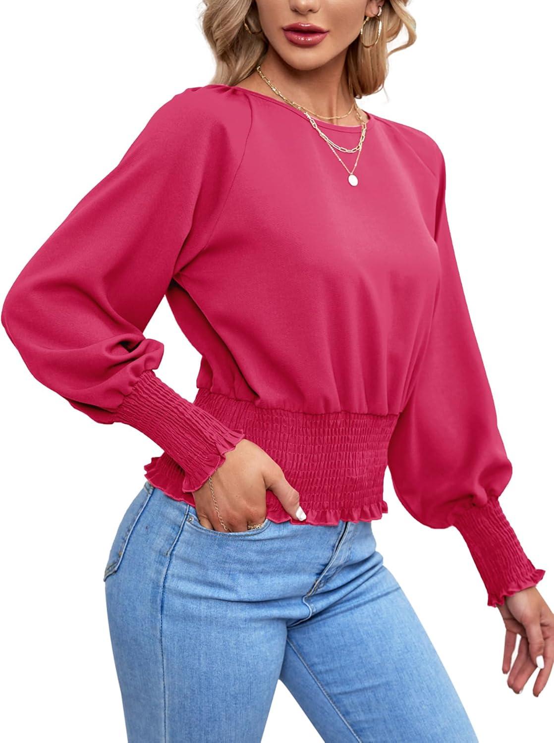 imageLYANER Womens Round Neck Frill Shirred Lantern Long Sleeve Blouse Office Shirt TopRose