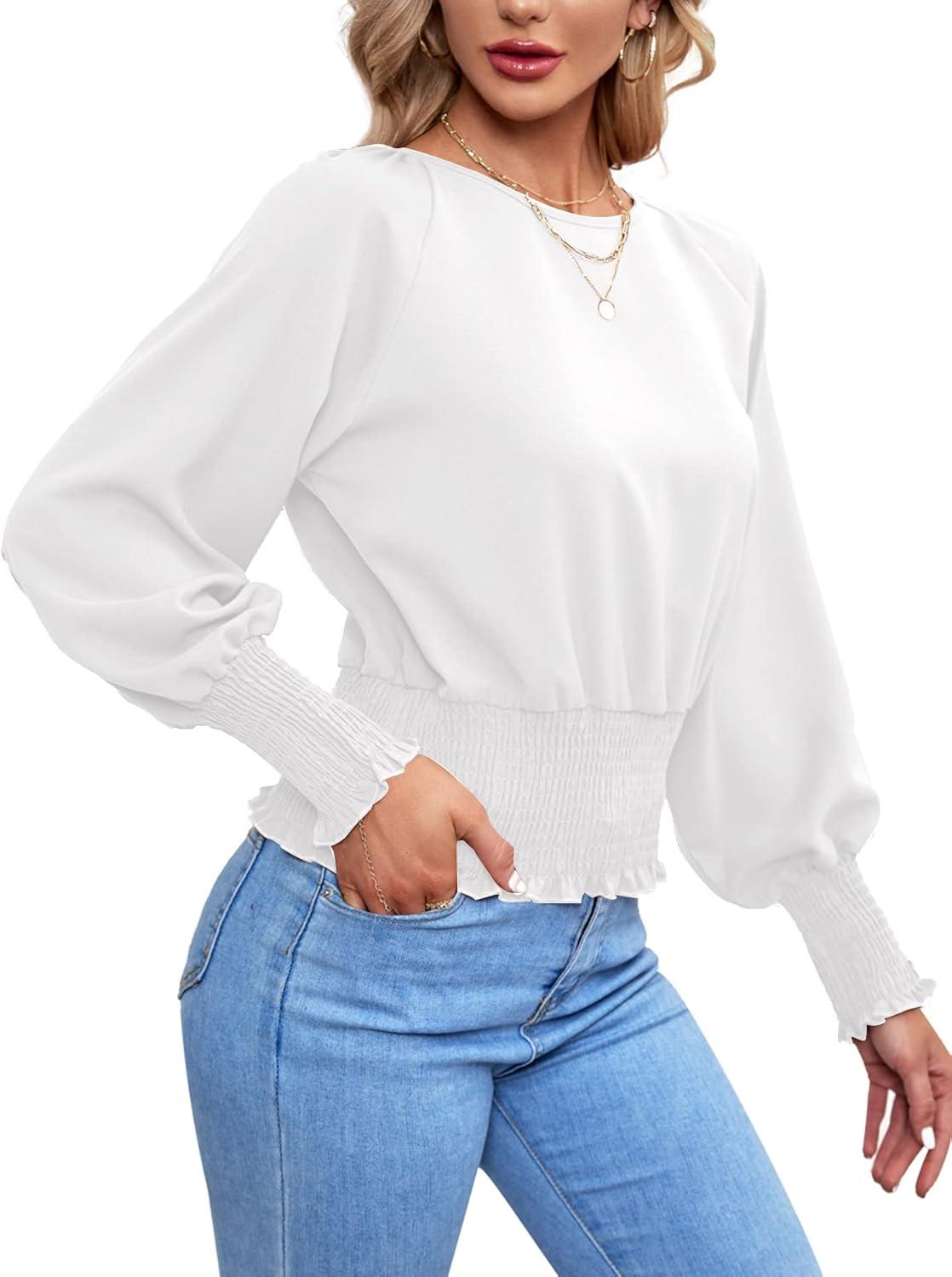 imageLYANER Womens Round Neck Frill Shirred Lantern Long Sleeve Blouse Office Shirt TopWhite