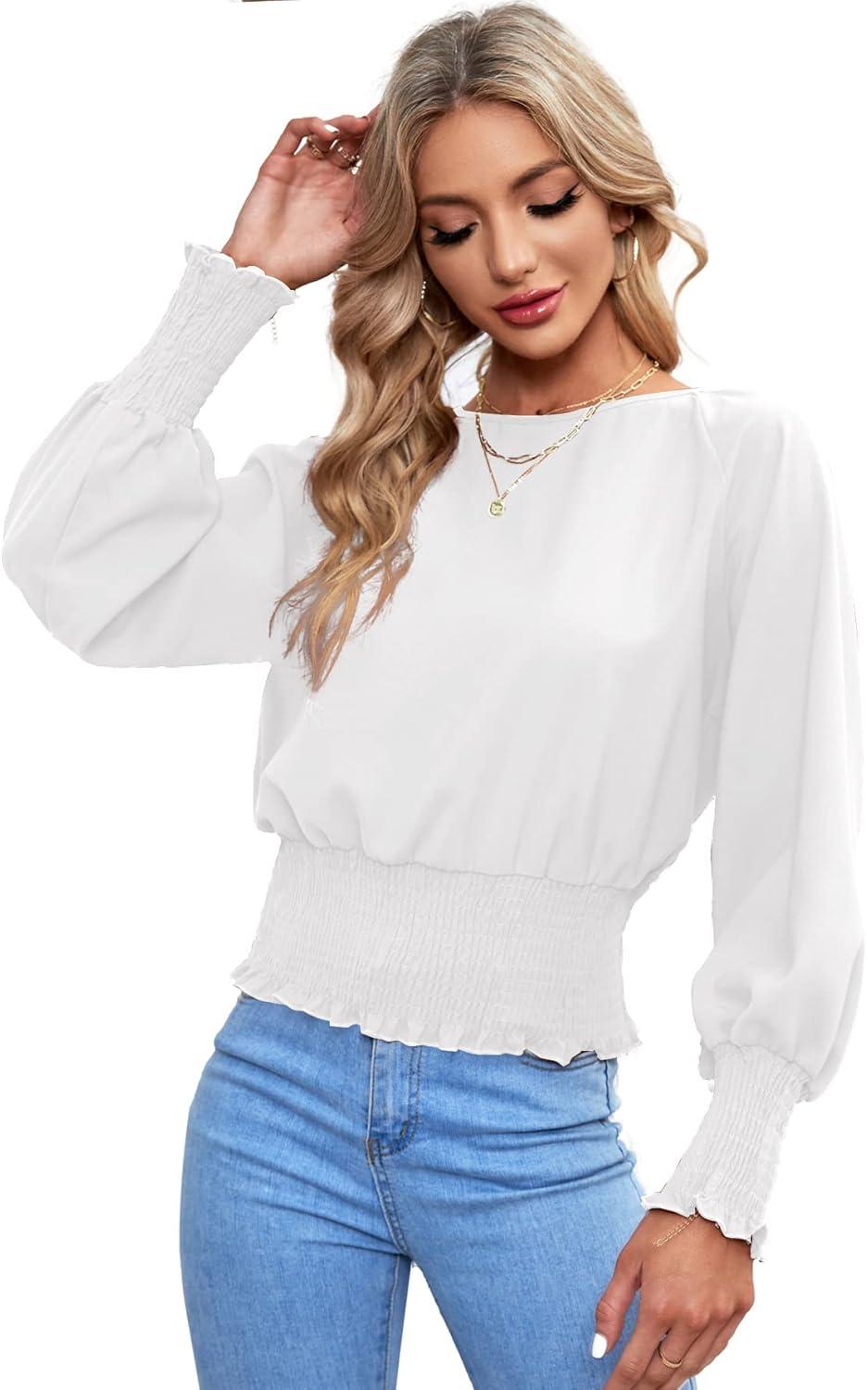 imageLYANER Womens Round Neck Frill Shirred Lantern Long Sleeve Blouse Office Shirt TopWhite