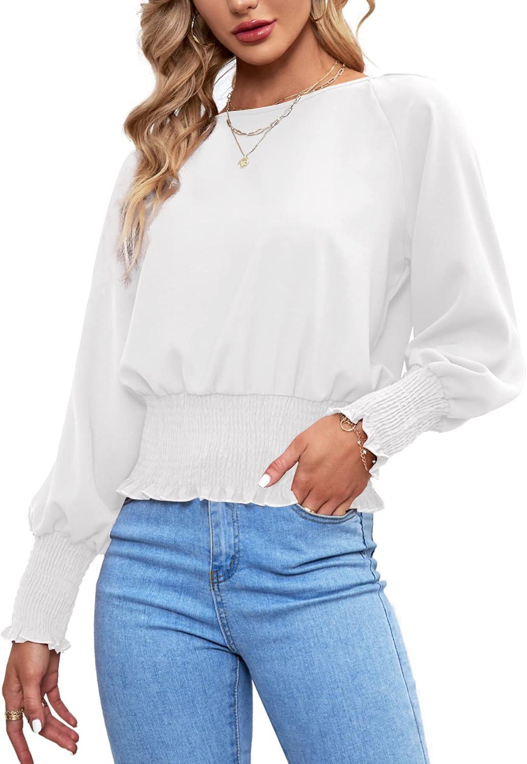 imageLYANER Womens Round Neck Frill Shirred Lantern Long Sleeve Blouse Office Shirt TopWhite