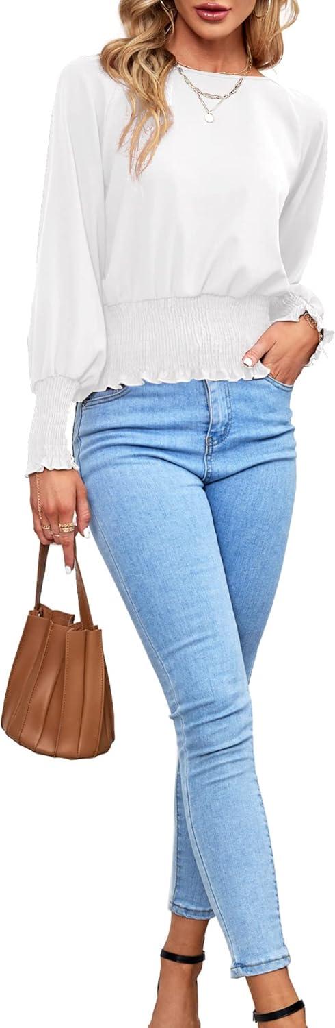 imageLYANER Womens Round Neck Frill Shirred Lantern Long Sleeve Blouse Office Shirt TopWhite