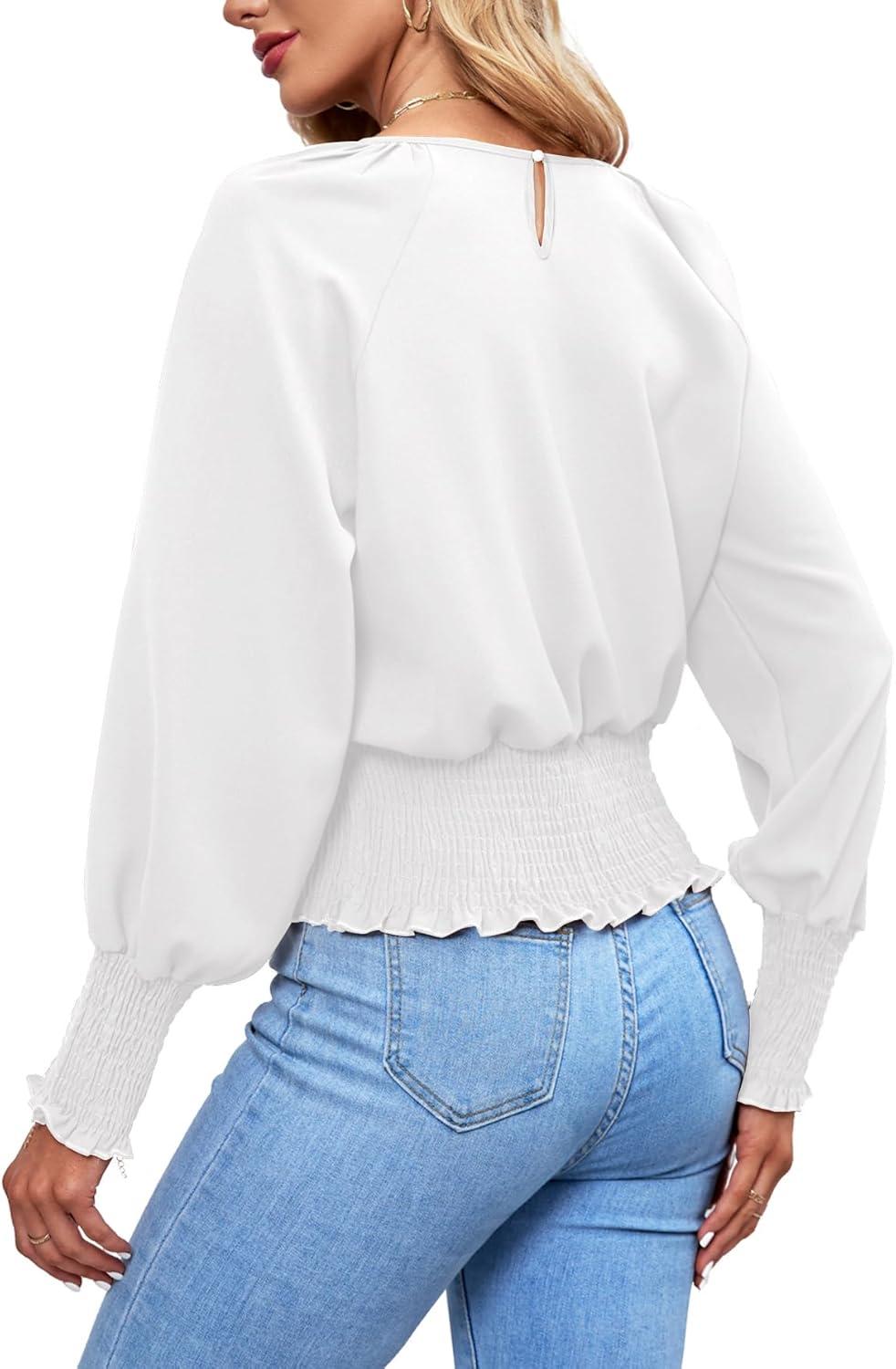 imageLYANER Womens Round Neck Frill Shirred Lantern Long Sleeve Blouse Office Shirt TopWhite