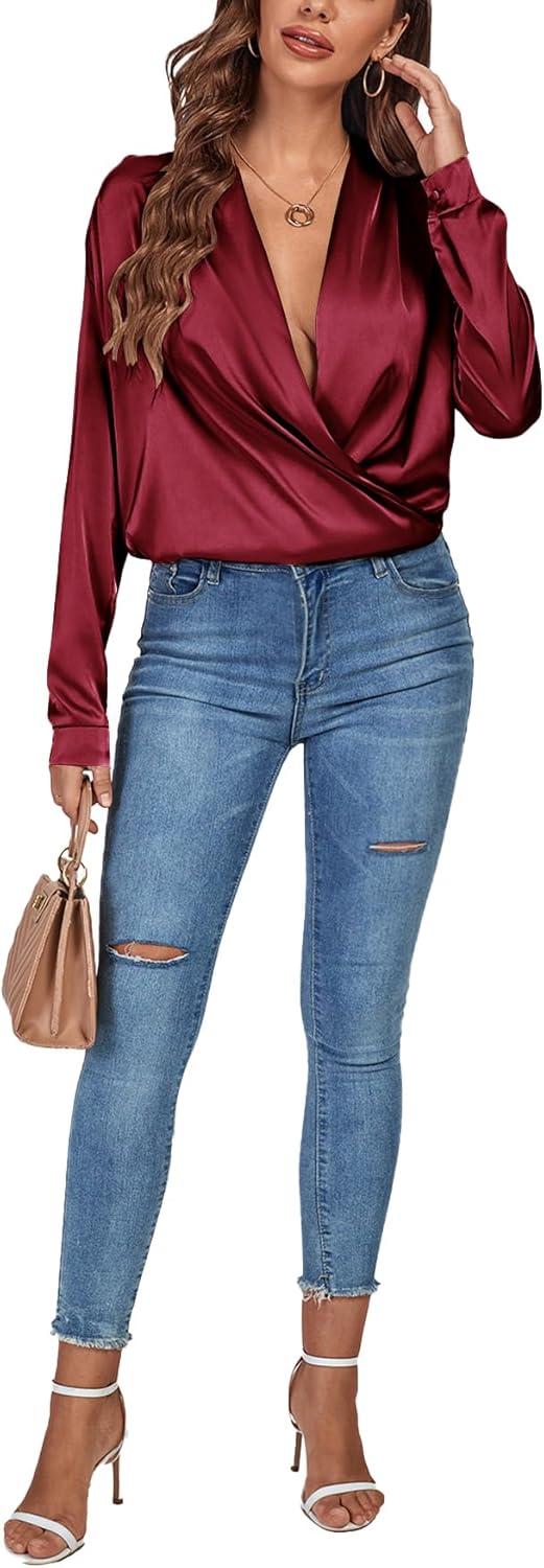 imageLYANER Womens Satin Deep V Neck Wrap Drape Ruched Backless Long Sleeve Blouse Shirt TopSolid Wine Red