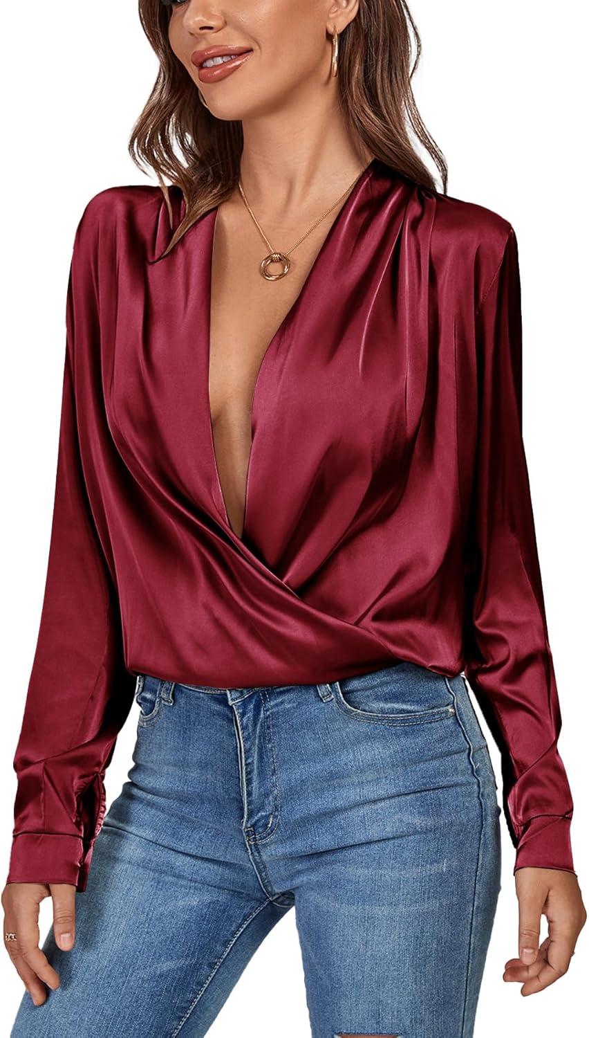 imageLYANER Womens Satin Deep V Neck Wrap Drape Ruched Backless Long Sleeve Blouse Shirt TopSolid Wine Red