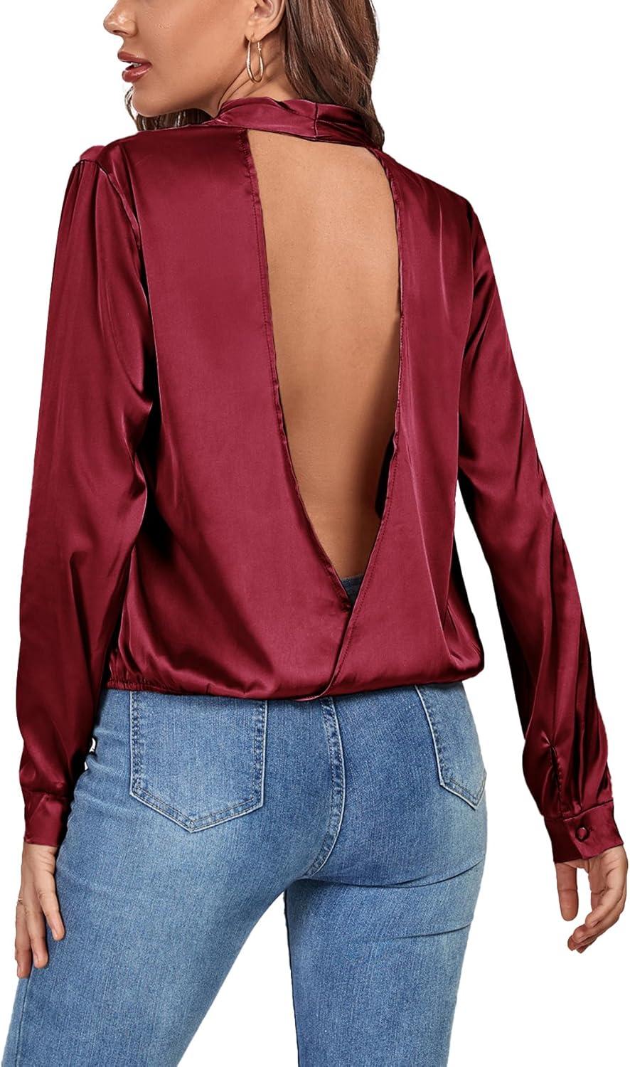 imageLYANER Womens Satin Deep V Neck Wrap Drape Ruched Backless Long Sleeve Blouse Shirt TopSolid Wine Red