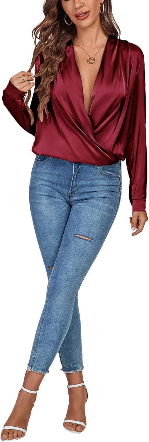 imageLYANER Womens Satin Deep V Neck Wrap Drape Ruched Backless Long Sleeve Blouse Shirt TopSolid Wine Red