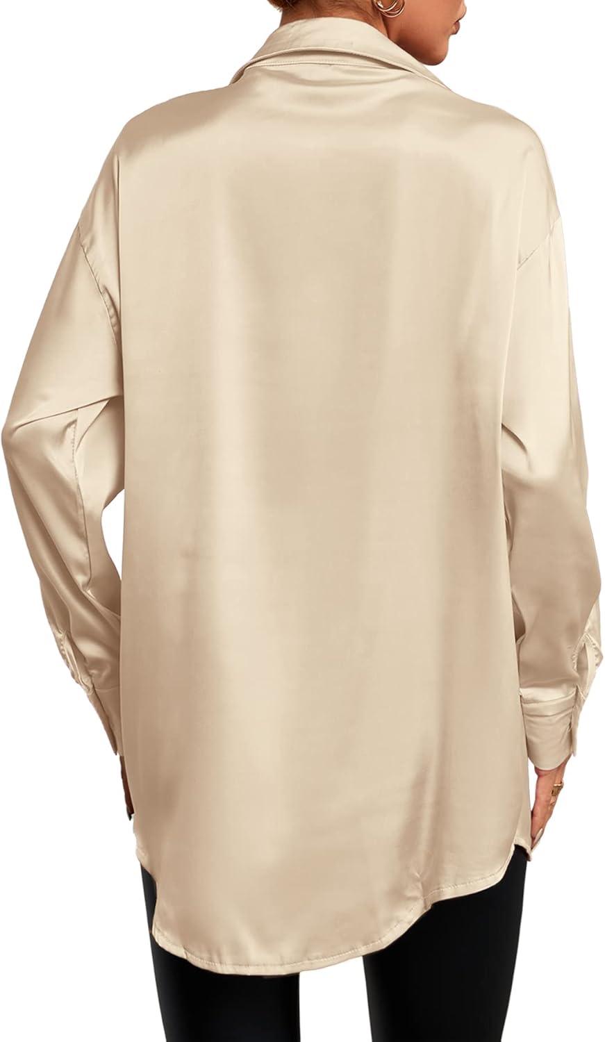 imageLYANER Womens Satin Silk Collar V Neck Button Down Long Sleeve Blouse Shirt TopBeige